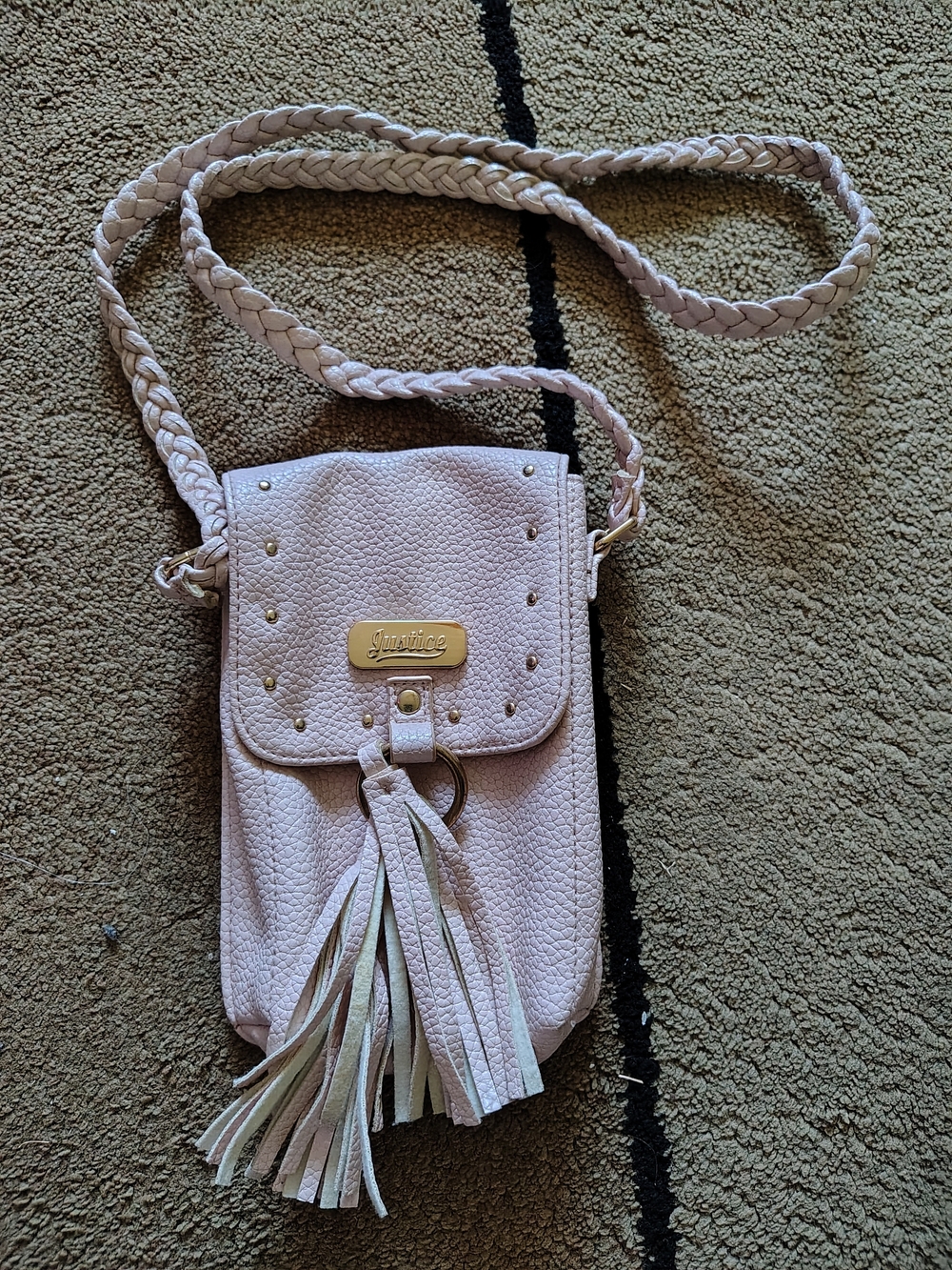 Justice Pale Pink Braided Strap Crossbody with Tassel